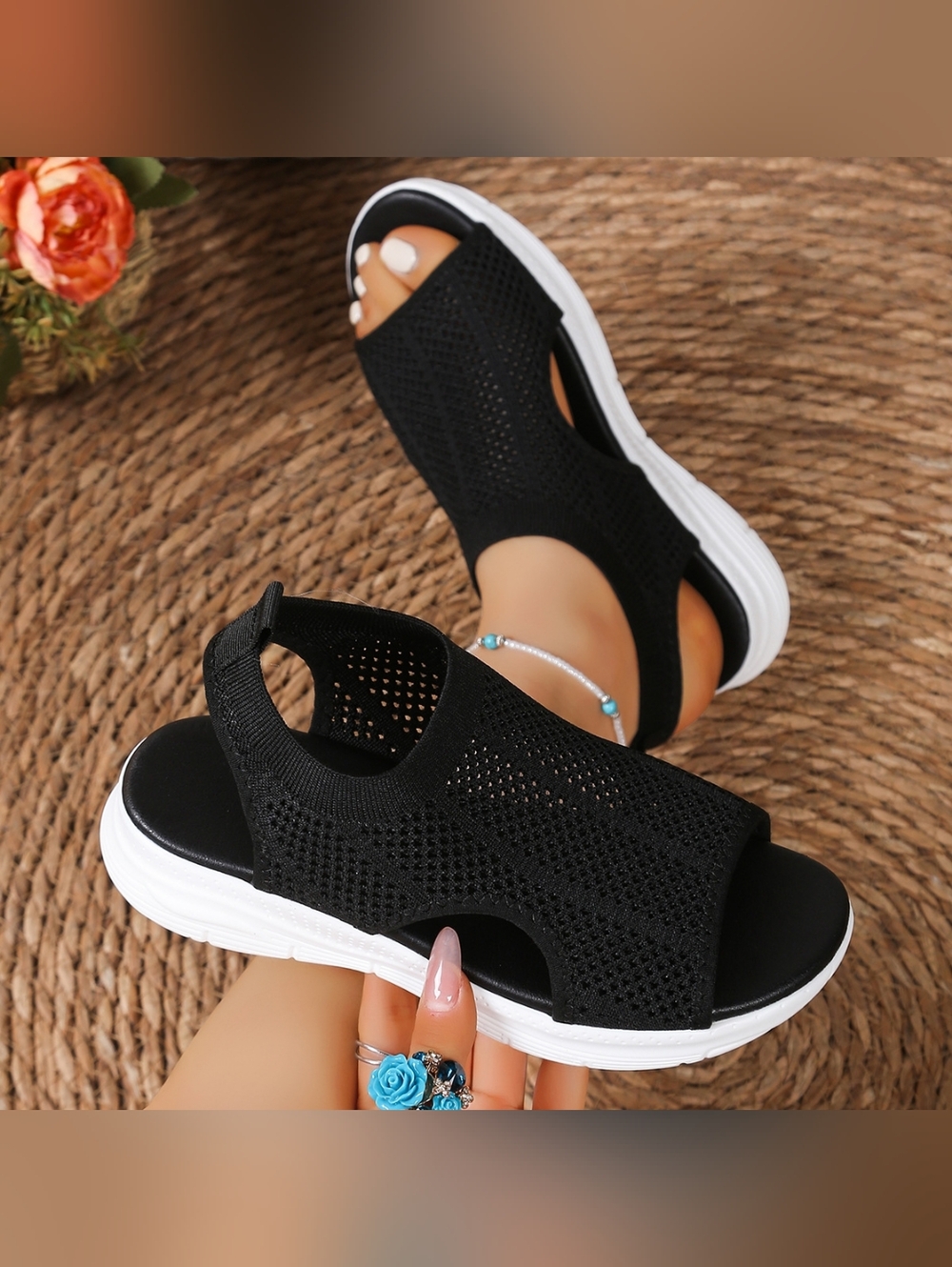 Black Mesh Knit Slingback Comfort Sandals - Women